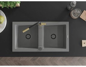 Mexen Mario, 2-komorový granitový drez 820x436x161 mm a drezová batéria Flora, šedá, 6504-71-670401-57-B