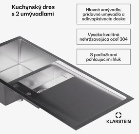 Klarstein TitanSteel kuchynský drez s odkvapkávačom, 100 x 45 cm, 2 umývadlá, nehrdzavejúca oceľ, odolný voči teplu