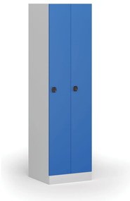 Kovová šatníková skrinka S1 zúžená, 2 oddiely, 1850 x 500 x 500 mm, demont, kódový zámok, modré dvere
