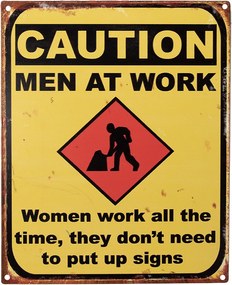 Žltá antik nástenná kovová ceduľa Caution, Men At Work - 20*1*25 cm