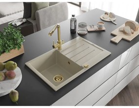 Mexen Bruno, 1-komorový granitový drez s odkvapkávačom 795x495x200 mm a zlatá batéria Duero, béžová, 6513-69-671600-50
