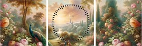 Obraz - Pávy v záhrade (s hodinami) (90x30 cm)