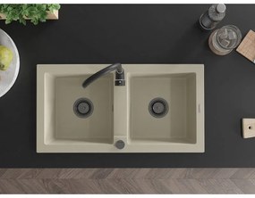 Mexen Mario, granitový drez 820x436x161 mm, 2-komorový, béžová s čiernym sifónom, 6504822000-69-B