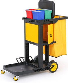 Profesionálny upratovací vozík so 4 vedrami, držiakmi mopov, skrinkou a vrecom s vekom, 1120 × 710 × 1100 mm