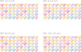 Akvarelové srdiečka v pastelových farbách 50 ks textilní prelepiteľné nálepky na stenu 50 ks 4x4 cm