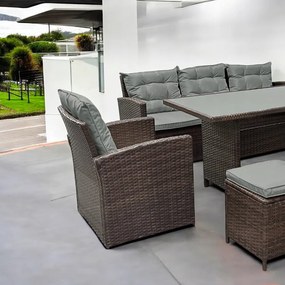 Ratanová súprava so stolíkom, pohovkou a 2 kreslami - hnedá + sivé vankúše