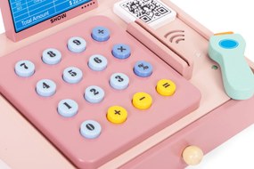 MULTISTORE Drevená pokladňa hračka pre deti so skenerom, čítačkou kariet, peniaze 3+