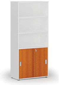 Kombinovaná kancelárska skriňa PRIMO WHITE, zasúvacie dvere na 2 poschodia, 800 x 420 x 1781 mm, biela/čerešňa