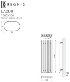 Regnis Lazur LA, vykurovacie teleso 330x1000mm so stredovým pripojením 50mm, 428W, čierna matná, LAZURLA/1000/330/D5/BLACK