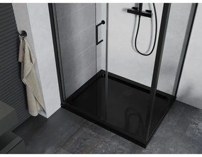 Mexen Apia, sprchový kút s posuvnými dverami 130 (dvere) x 70 (stena) cm, 6mm číre sklo, čierny profil + čierna sprchová vanička s čiernym sifónom, 840-130-070-70-00-4070B