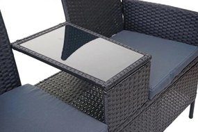 Záhradná lavica so stolíkom E24 - umelý ratan, 132cm - Čierna, sedáky tmavosivá
