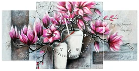 Gario Obraz s hodinami Ružové magnólie vo váze - 3 dielny Rozmery: 90 x 70 cm