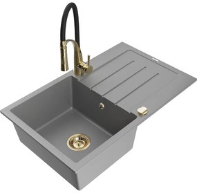 Mexen Bruno, 1-komorový granitový drez 795x495x200 mm a drezová batéria Aster, šedá, 6513-71-73450-57-G