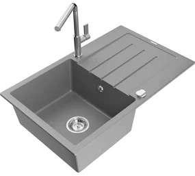 Mexen Bruno, 1-komorový granitový drez 795x495x200 mm a drezová batéria Flora, šedá, 6513-71-670401-00