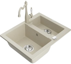 Mexen Carlos, granitový drez 582x475x177 mm, 1,5-komorový a drezová batéria Carla, béžová, 6518-69-670700-69