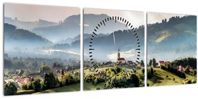 Obraz - dedinka v hmle (s hodinami) (90x30 cm)