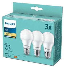 Philips LED sada žiaroviek 3x10W-75W E27 1055lm 2700K set 3ks, biela