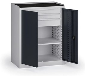 Dielenská skriňa nízka na náradie KOVOS, 1 police, 3 zásuvky, 950 x 600 x 1180 mm, grafit