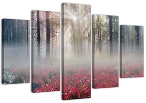 Obraz na plátně pětidílný Fog Forest Glade Květiny - 100x70 cm