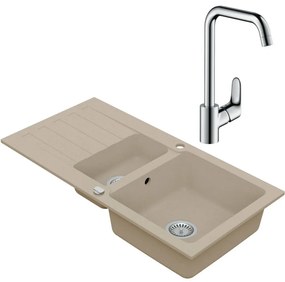 Vima Drezový set Hansgrohe 3/A - Granitový drez 960x480 mm 1,5-sektora s odkvapkávacou plochou, piesková + Drezová batéria Hansgrohe Focus