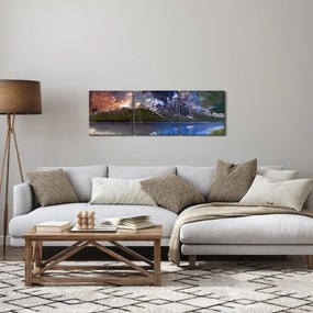 Obraz jazera a hôr (s hodinami) (90x30 cm)