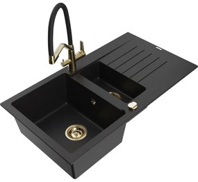 Mexen Matias, granitový drez 900x505x200 mm, 1,5-komorový a drezová batéria Duo, čierna, 6502-77-671701-57-G