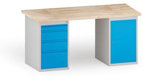 Dielenský stôl KOVONA, 1 závesná skrinka a 4 zásuvky na náradie, buková škárovka, 1700 mm
