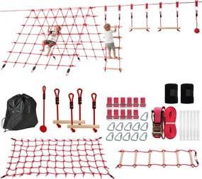AIYAPLAY Ninja Line detský slackline set 10 m — kruhy, hojdačka, rebrík a lezecká sieť — vonkajšie ihrisko pre deti 3–6 rokov, červené | Aosom
