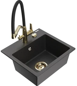 Mexen Milo, granitový drez 435x410x171 mm, 1-komorový a drezová batéria Duo, čierna škvrnitá, 6505-76-671701-57-G