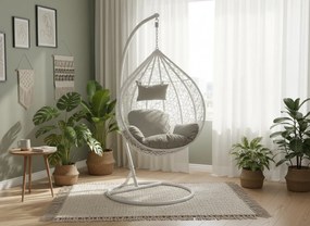 CH BIELA ZÁVESNÁ STOLIČKA, VANKÚŠ – ŠEDÝ, RÁM – BIELY 118X107XD68CM