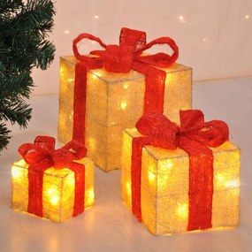 HI LED osvetlený vianočný darček s červenými stužkami 3 ks