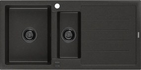 Mexen Andres, granitový drez 1000x500x200 mm, 1,5-komorový, čierna so zlatou metalízou a čiernym sifónom, 6515101510-75-B