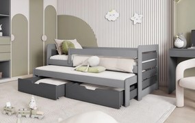 Detská posteľ z masívu borovice TOMÁŠ s prístelkou a šuplíkmi - 200x90 cm - grafit/sivá