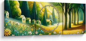Obraz - Dedina v žlto-zelenej (s hodinami) (90x30 cm)