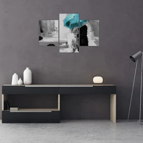 Obraz - Zamilovaný pár s dáždnikom, modrý (90x60 cm)