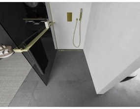 Mexen Kioto+ L, sprchová zástena Walk-In s poličkou a vešiakom 110 x 200 cm, 8mm šedé sklo, zlatý matný profil, 800-110-123-55-40