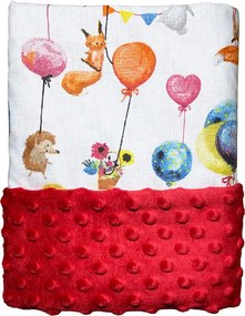 Deka Zvieratká na balónikoch/minky červená 60x70 cm – detská deka s veselým motívom