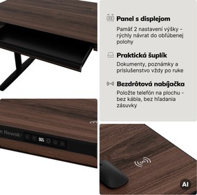 Elektrický písací stôl sit-stand so zásuvkou a bezdrôtovou nabíjačkou Qi čierny/orech, 1400 mm: ELLIS