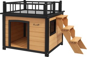 PawHut Psia búda s balkónom, vyvýšená búda pre domácich miláčikov so schodmi, oknom, psia jaskyňa pre malých a stredných psov, borovicové drevo, žltá,