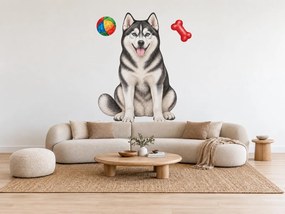 Sibírsky husky s loptičkou a kosťou maľované textilné nálepky na stenu pre milovníkov huskyho arch 30 x 46 cm