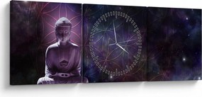 Obraz - Budha s kvetmi života (s hodinami) (90x30 cm)
