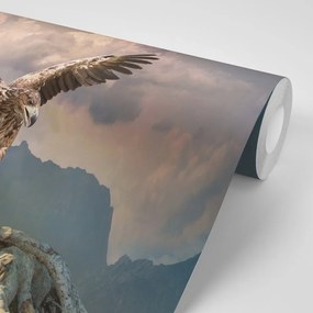 Samolepiaca tapeta orol s roztiahnutými krídlami nad horami - 150x100