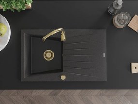 Mexen Cesar, granitový drez 775x470x190 mm, 1-komorový, čierna škvrnitá so zlatým sifónom, 6514771010-76-G