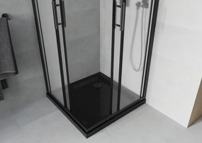 Mexen Rio, štvorcový sprchovací kút s posuvnými dverami 70(dvere) x 70(dvere) x 190 cm, 6mm sklo námraza, čierny profil + čierna sprchová vanička SLIM, 860-070-070-70-30-4070B