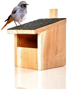 Vtáčia búdka pre vtákov hniezdiacich v polodutinách, závesné zariadenie, asfaltová strecha, červené cédrové drevo