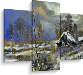 Obraz chalúpky v zimnej krajine, olejomaľba (90x60 cm)