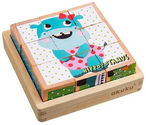 Skladacie edukačné drevené kocky v krabičke Akuku ZOO 9 ks