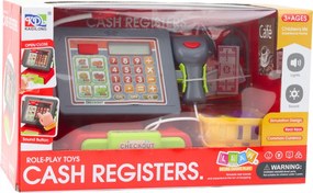 LEAN Toys Detská pokladňa s príslušenstvom, košík s ovocím, svetlá a zvuky, červená