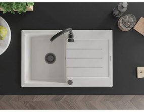 Mexen Bruno, 1-komorový granitový drez s odkvapkávačom 795x495x200 mm a čierna kuchynská batéria Telma, biela, 6513-20-670200-70