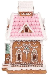 Vianočná dekorácia Perníková chalúpka s ružovou strechou, polyresin, LED, hnedá